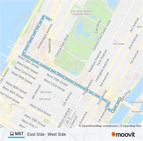 MTA bus M57: map, schedule, stops and alerts. The bus operates between East Side and West Side and serves 44 stops which are listed below.